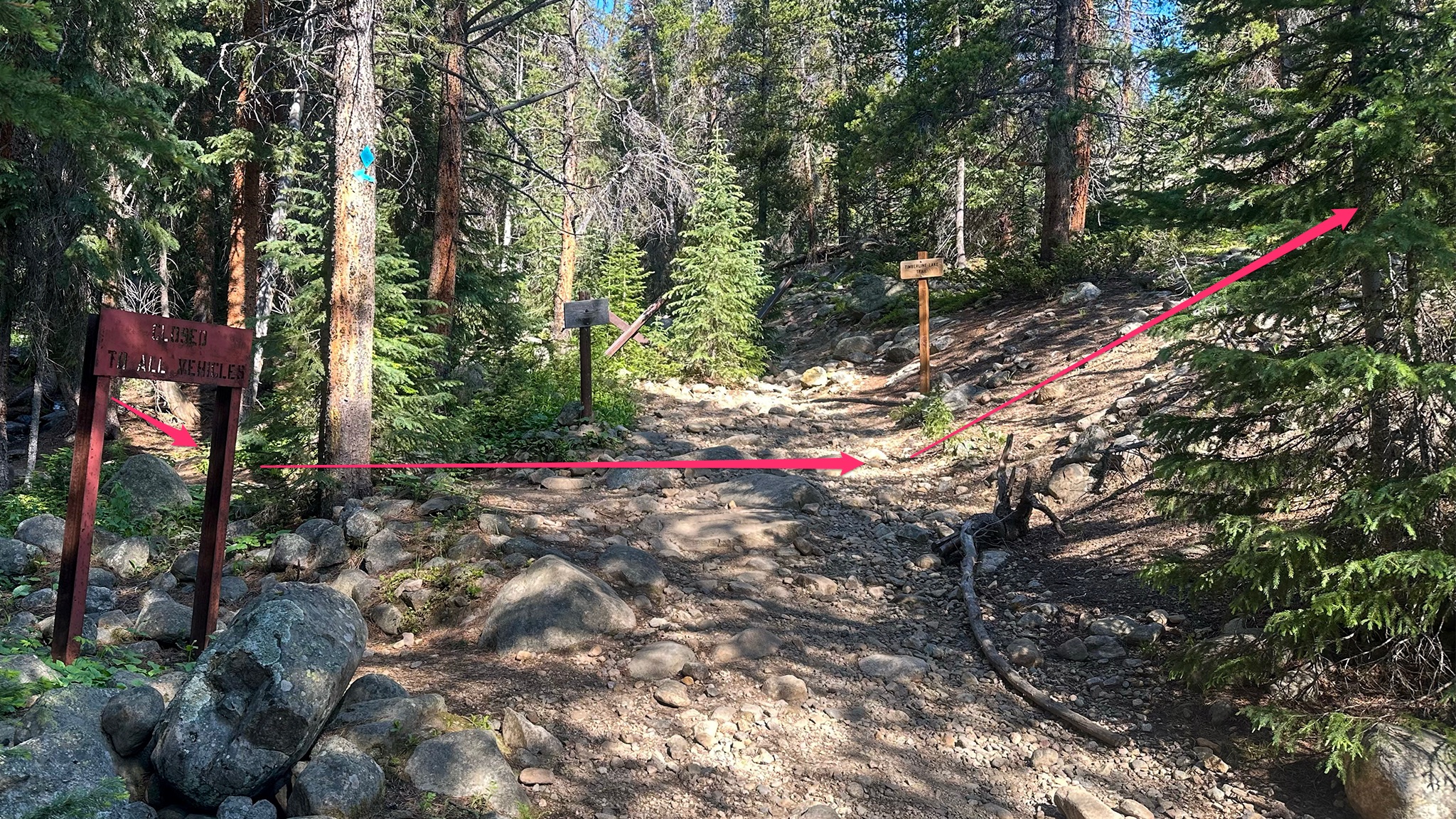 Seen from the Timberline trail, travel north on the Colorado Trail, cross over the Timberline Trail and continue North cross country towards Lake Fork Creek