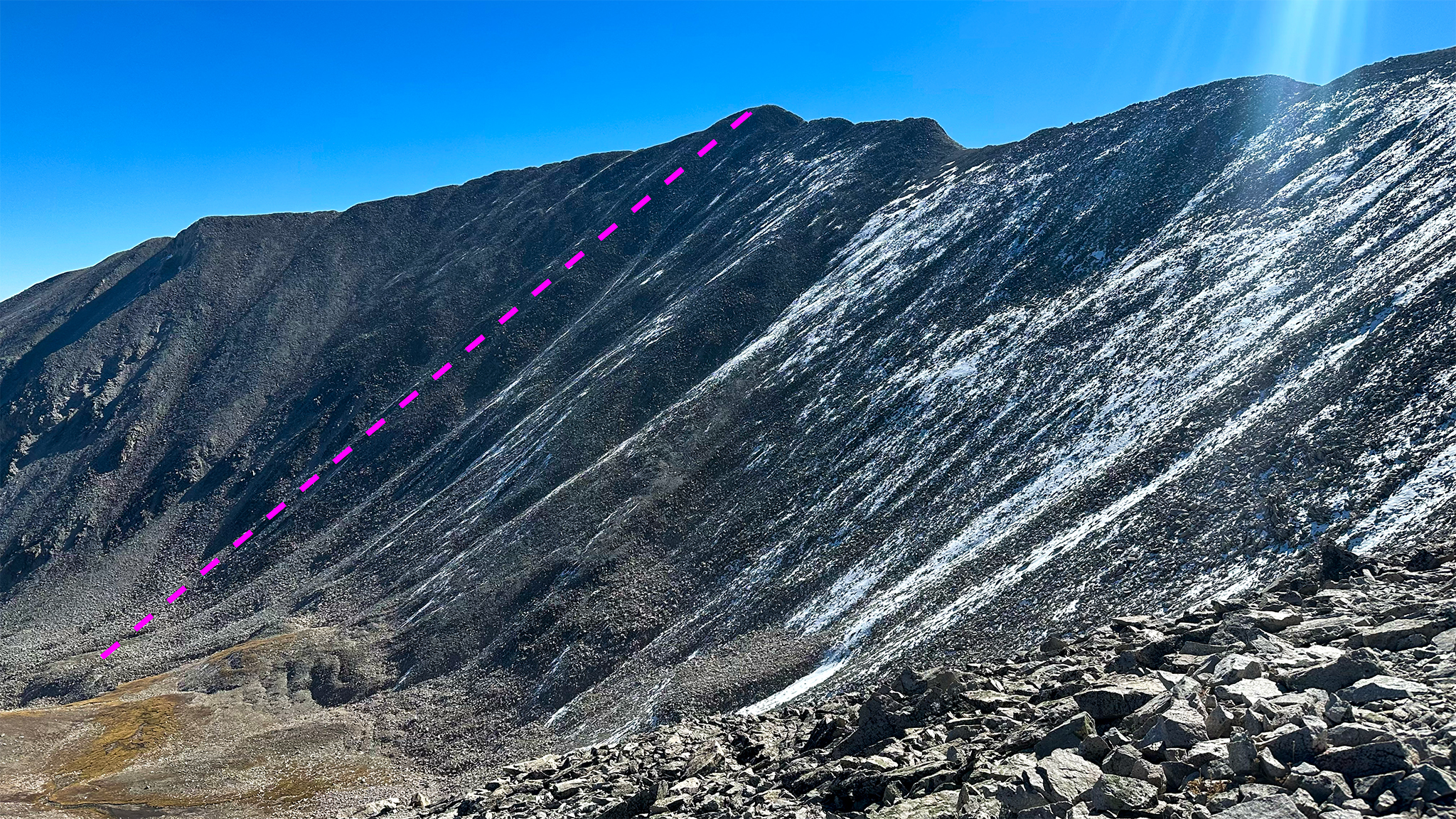 Route descending down Mt. Princeton's Northwest Slopes to the Maxwell Creek Drainage