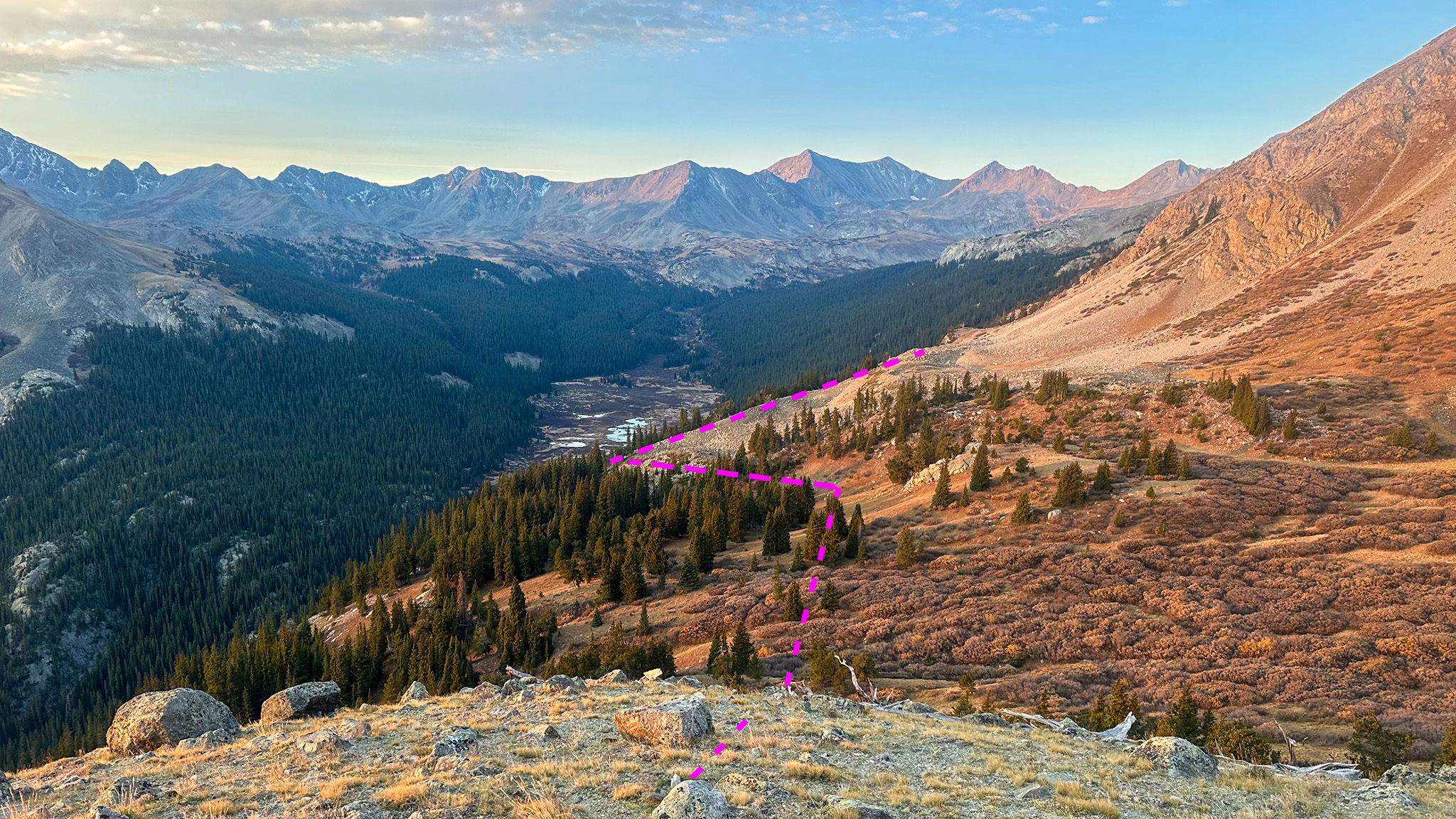 Looking back down the route. Avoid the flat talus field to the south.