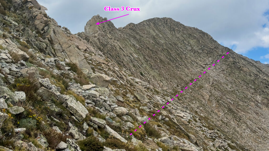 Avoid traveling on the ridge directly and instead travel on a series of grassy ledges, avoiding the Class 3 crux found on the ridge itself.