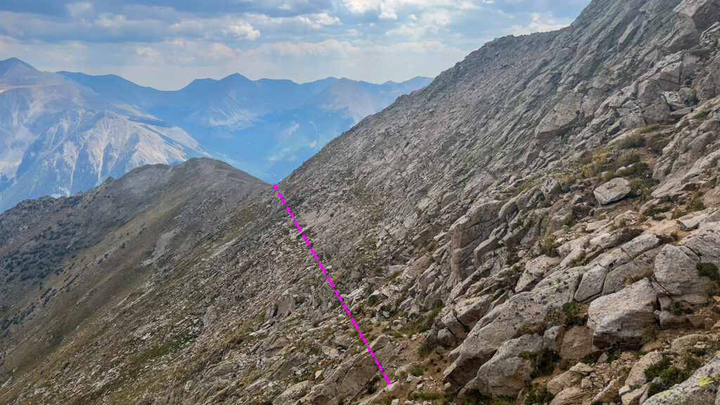 Looking back towards where you gained the south ridge. The grassy ledges are faint.