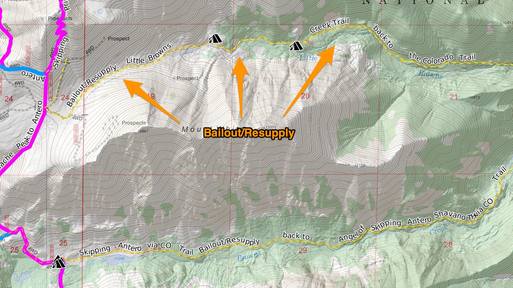 Bailout/Resupply Routes are shown in dashed orange lines