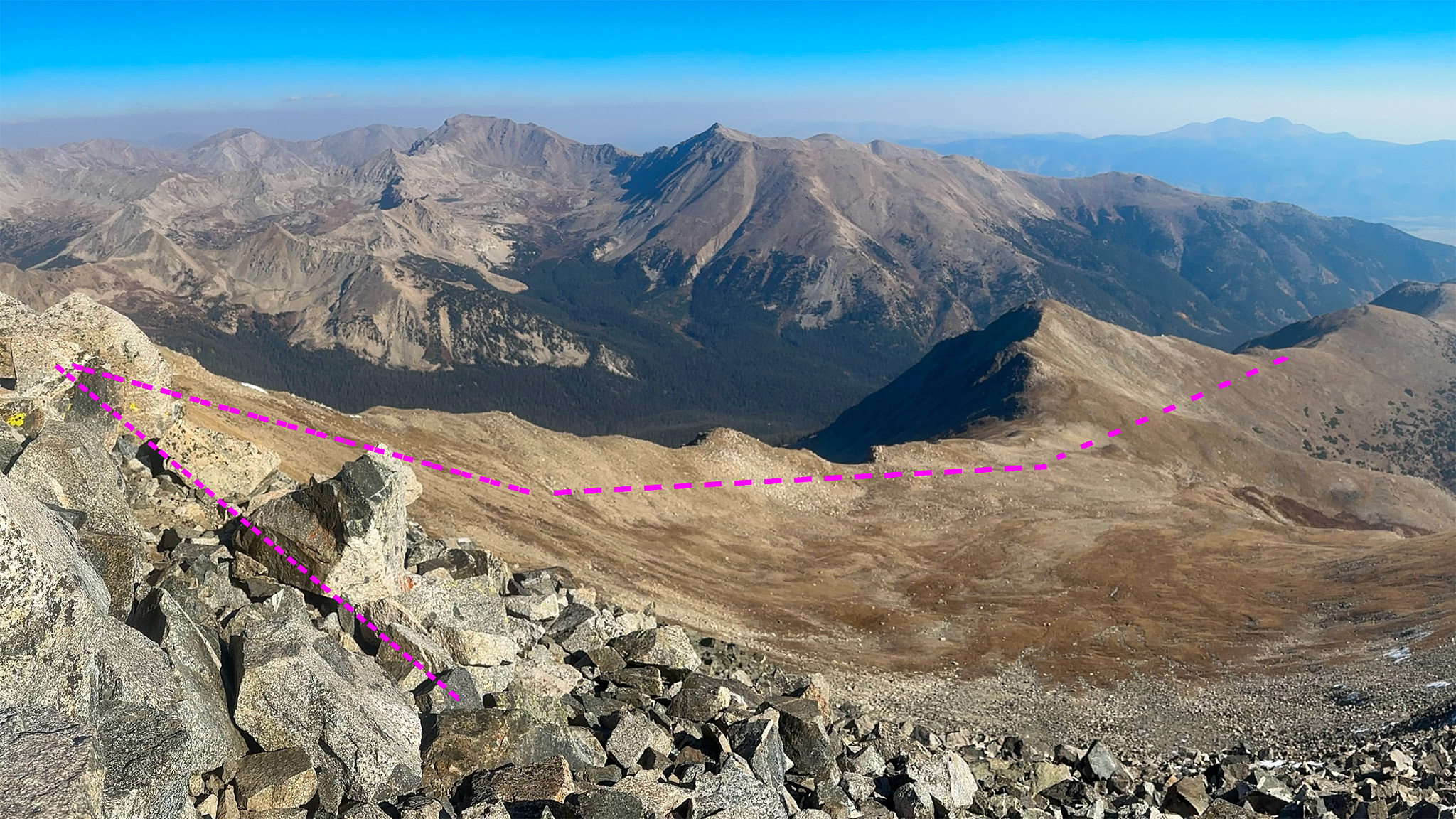 From the summit of Yale, follow the standard route down, before contouring around Yale's northeast ridge